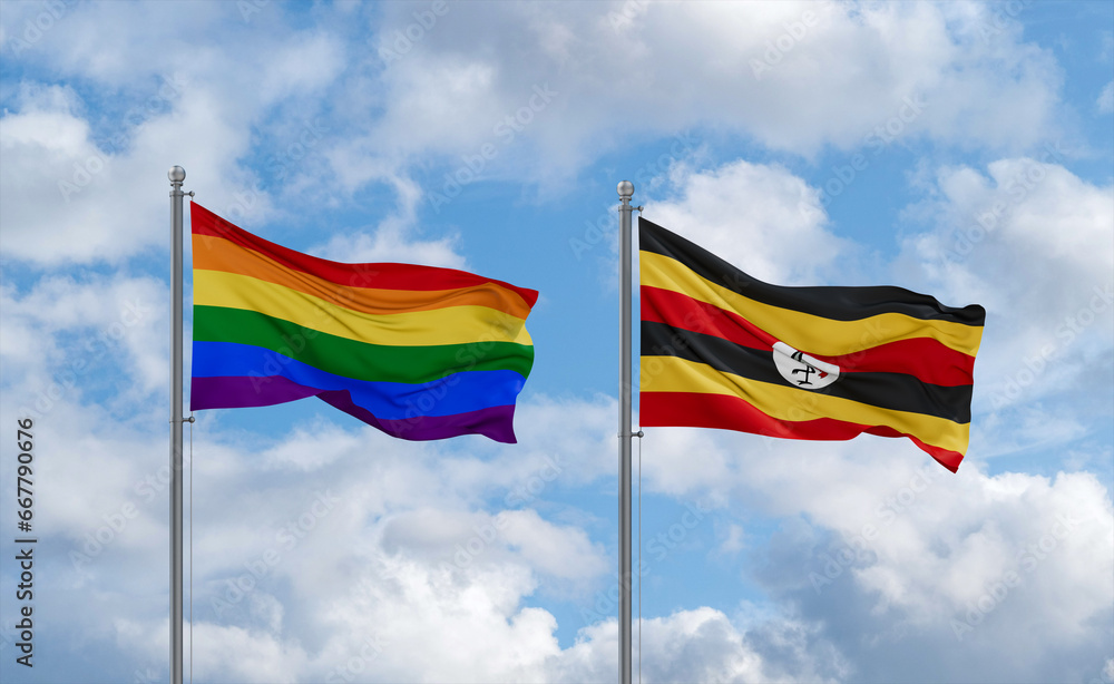 Uganda and LGBT movement flags, country relationship concept Uganda and LGBT movement flags, country relationship concept