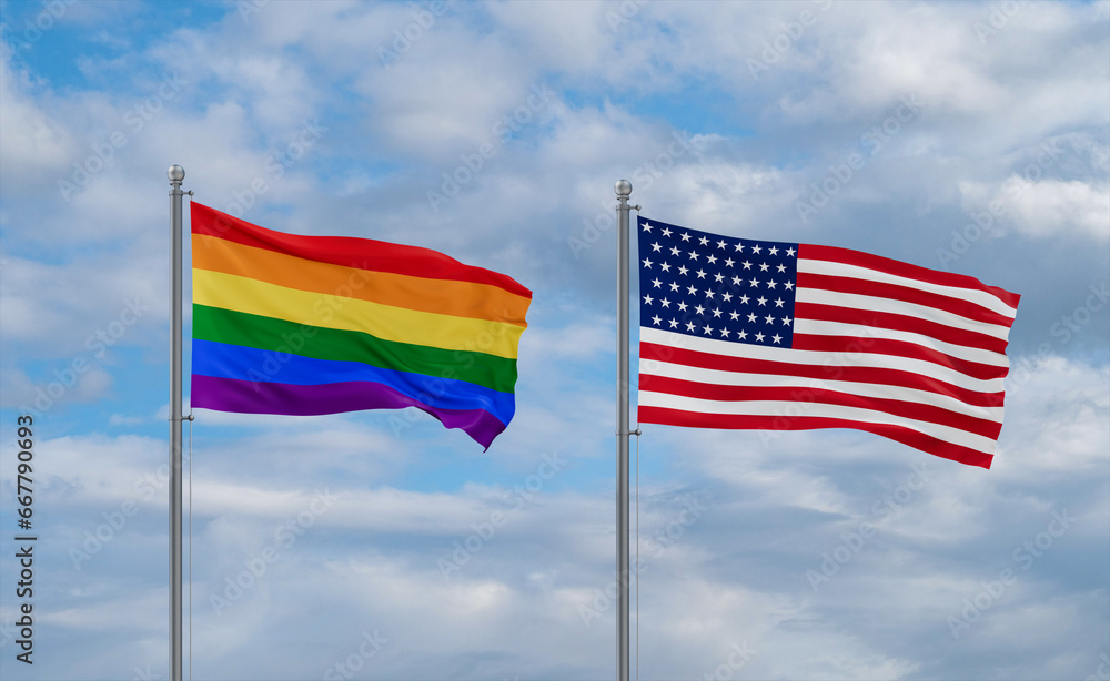 USA and LGBT movement flags, country relationship concepts