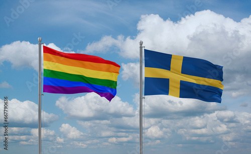 Sweden and LGBT movement flags, country relationship concept