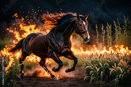 A horse runs away from a big fire. photo