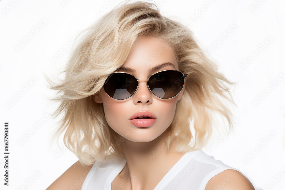 Studio portrait of beautiful young blonde woman in sunglasses on different colour background Studio portrait of beautiful young blonde woman in sunglasses on different colour background