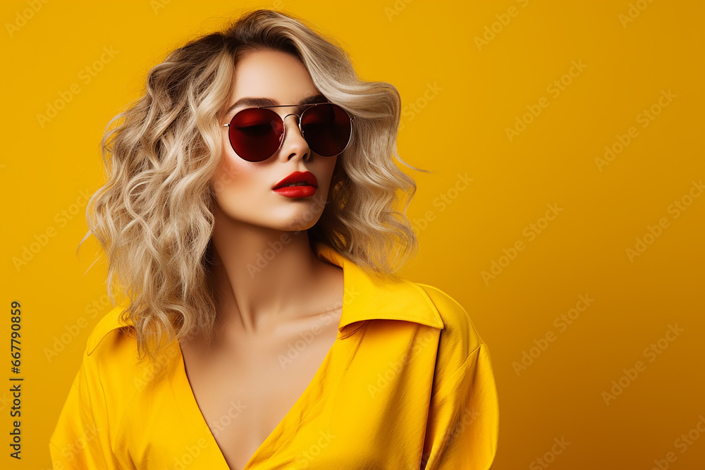 Studio portrait of beautiful young blonde woman in sunglasses on different colour background Studio portrait of beautiful young blonde woman in sunglasses on different colour background