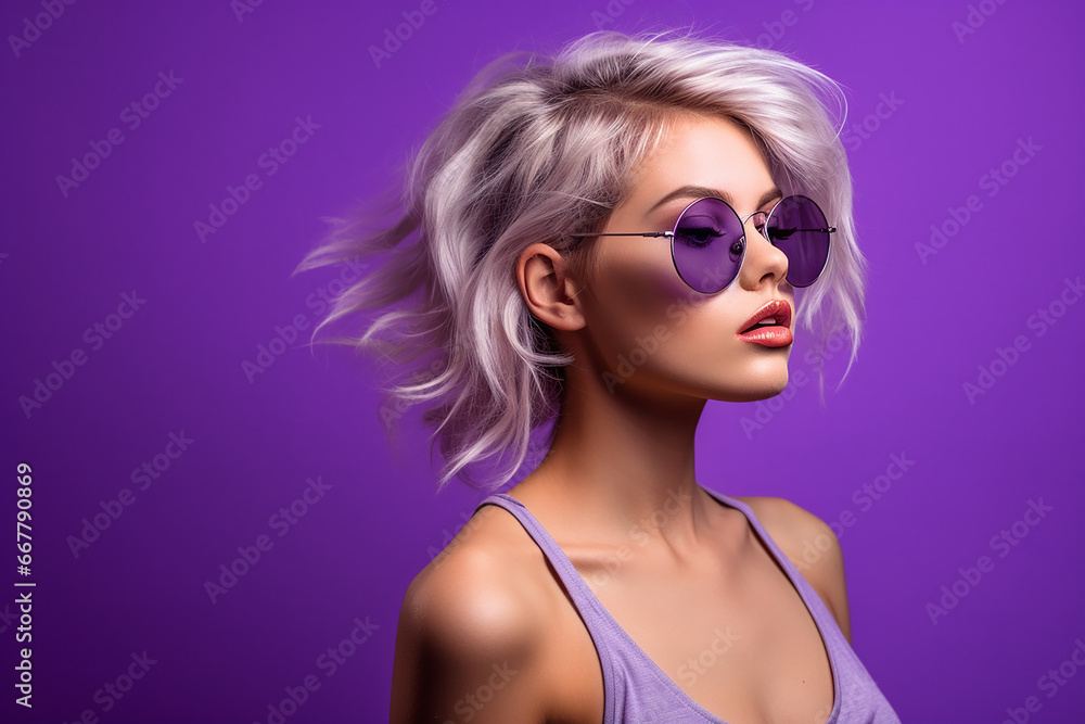 Studio portrait of beautiful young blonde woman in sunglasses on different colour background