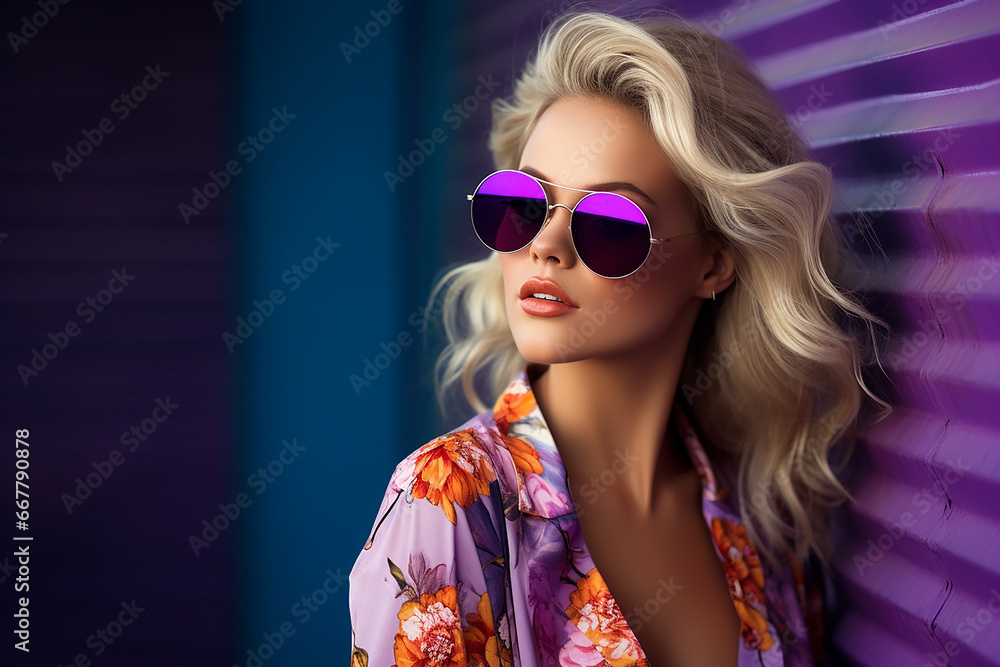 Studio portrait of beautiful young blonde woman in sunglasses on different colour background Studio portrait of beautiful young blonde woman in sunglasses on different colour background