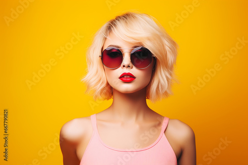 Studio portrait of beautiful young blonde woman in sunglasses on different colour background