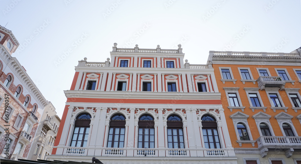 The streets of Trieste with the facades of old and colorful Mediterranean houses. Trieste at Italy