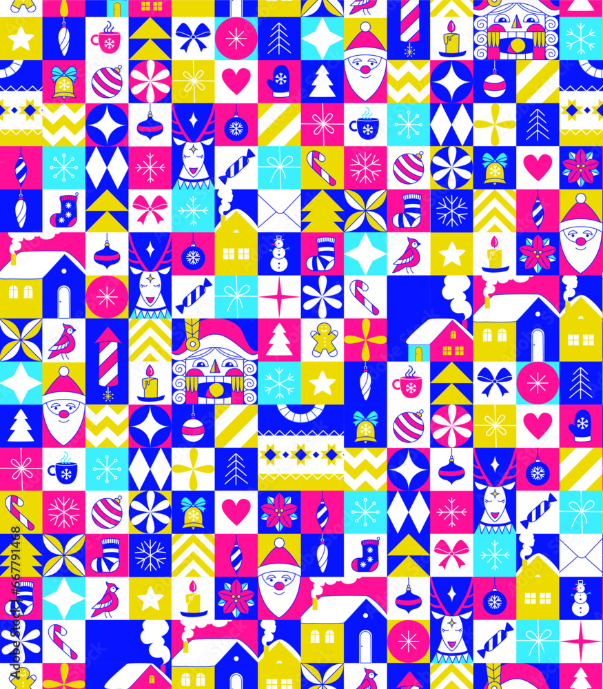 Graphic Christmas seamless pattern. Holidays 2024 postcard. Square Line icons Graphic Christmas seamless pattern. Holidays 2024 postcard. Square Line icons