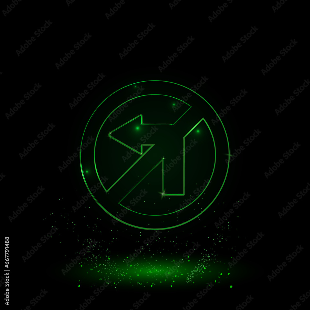 A large green outline no left turn sign on the center. Green Neon style. Neon color with shiny stars. Vector illustration on black background A large green outline no left turn sign on the center. Green Neon style. Neon color with shiny stars. Vector illustration on black background