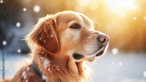 Golden retriever on a winter snowy background with copy space. 