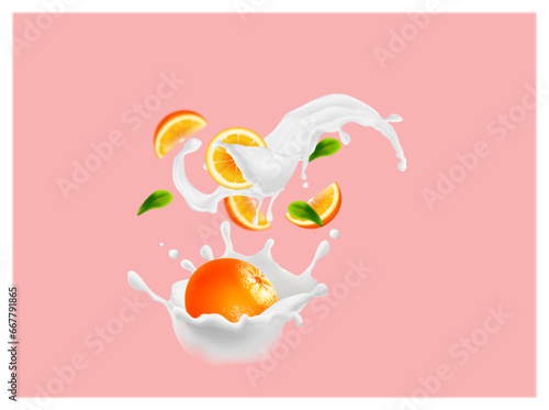 Orange melon In Milk Splash With Pink Background Illustration