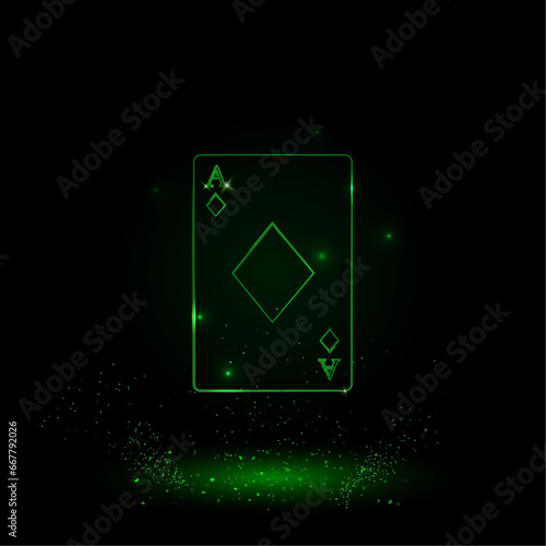 A large green outline ace of diamond card on the center. Green Neon style. Neon color with shiny stars. Vector illustration on black background
