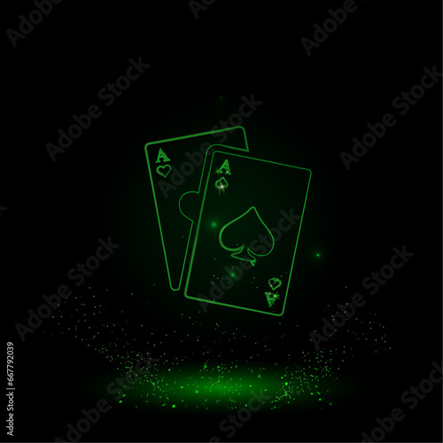 A large green outline two aces symbol on the center. Green Neon style. Neon color with shiny stars. Vector illustration on black background