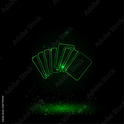 A large green outline playing cards symbol on the center. Green Neon style. Neon color with shiny stars. Vector illustration on black background