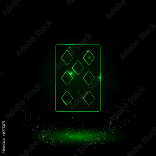 A large green outline seven of diamonds playing card on the center. Green Neon style. Neon color with shiny stars. Vector illustration on black background