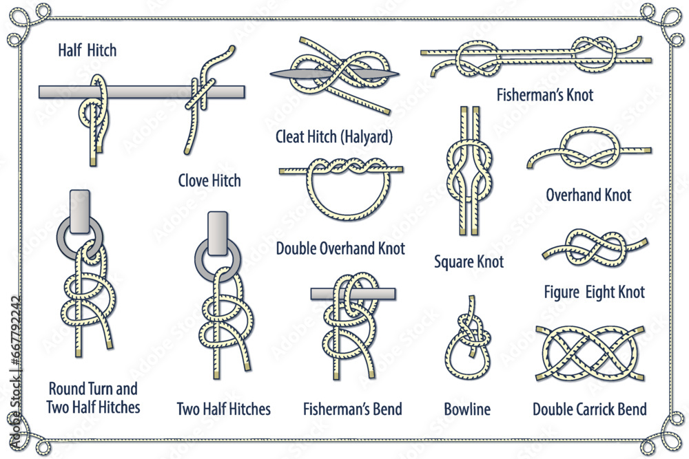 Poster Set of rope knots, hitches, bends  on a dark blue background. Decorative vector design - obrazy, fototapety, plakaty 