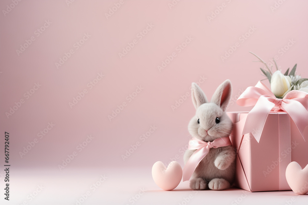 Obraz premium gift with a pink bow and a cute little bunny on a pastel background. gift for Valentine's Day or Easter. copy space.
