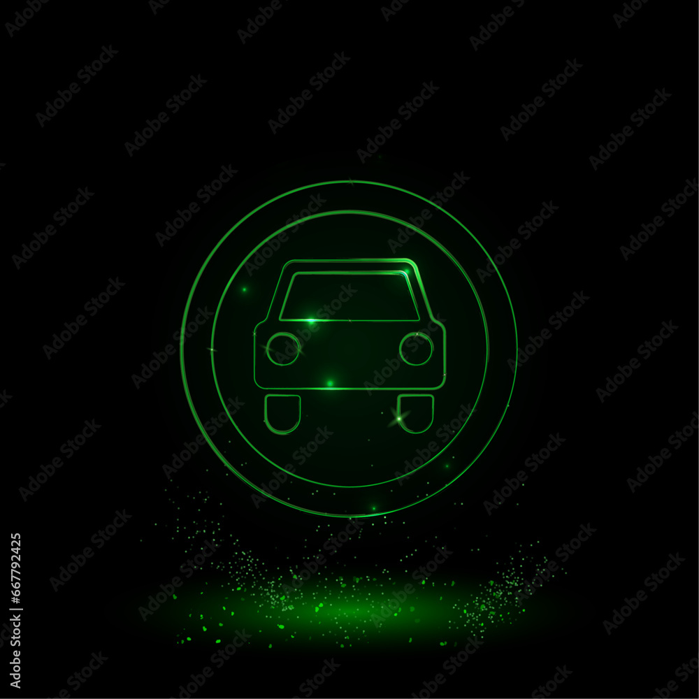 A large green outline no car sign on the center. Green Neon style. Neon color with shiny stars. Vector illustration on black background A large green outline no car sign on the center. Green Neon style. Neon color with shiny stars. Vector illustration on black background