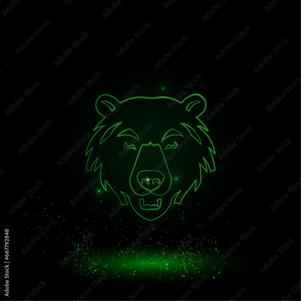 A large green outline bear head symbol on the center. Green Neon style. Neon color with shiny stars. Vector illustration on black background A large green outline bear head symbol on the center. Green Neon style. Neon color with shiny stars. Vector illustration on black background