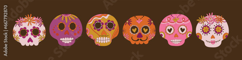 Sugar skulls decorated by design elements and colorful floral ornament. Mexican national holiday Day of the dead. Festive banner templates for Dia de los muertos. Vector illustration