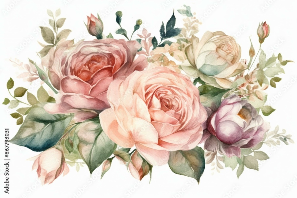 Watercolor floral arrangement of roses in pastel hues, with vintage ornament bouquet corner. Ideal for wedding design, stationery print, and framing. Generative AI