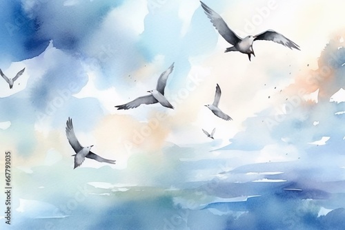 Watercolor painting of birds soaring in the clear sky. Generative AI © Osiris