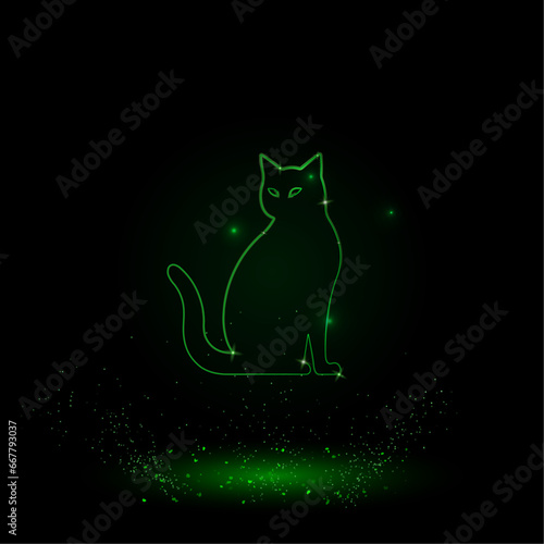 A large green outline cat icon on the center. Green Neon style. Neon color with shiny stars. Vector illustration on black background