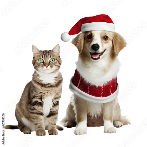happy dog and cat isolated on transparent background wearing a christmas hat © PawsomeStocks