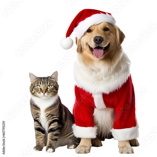 happy dog and cat isolated on transparent background wearing a christmas hat © PawsomeStocks