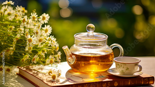 Cup of tea with chamomile flowers on wooden table