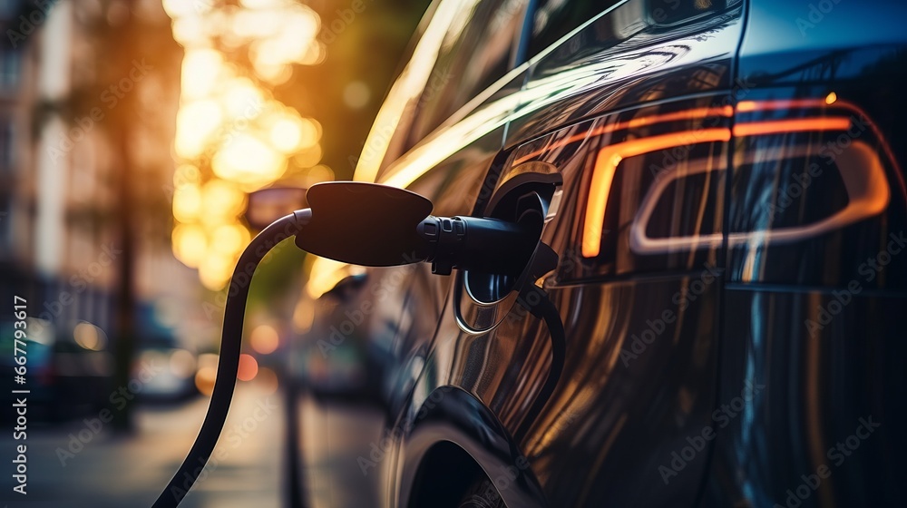 An electric vehicle connected to a charging station, showcasing the cutting-edge innovation and technology behind electric cars and plug-in hybrids. An electric vehicle connected to a charging station, showcasing the cutting-edge innovation and technology behind electric cars and plug-in hybrids.