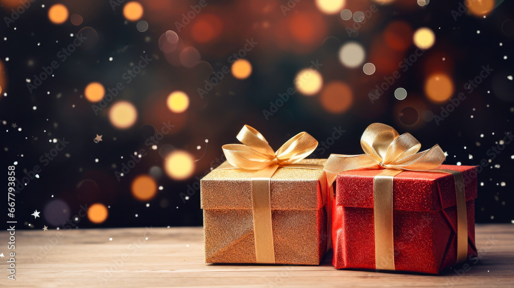 Gift boxes with golden bow on bokeh background. Christmas and New Year concept. Gift boxes with golden bow on bokeh background. Christmas and New Year concept.