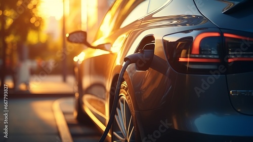 An electric vehicle connected to a charging station, showcasing the cutting-edge innovation and technology behind electric cars and plug-in hybrids.