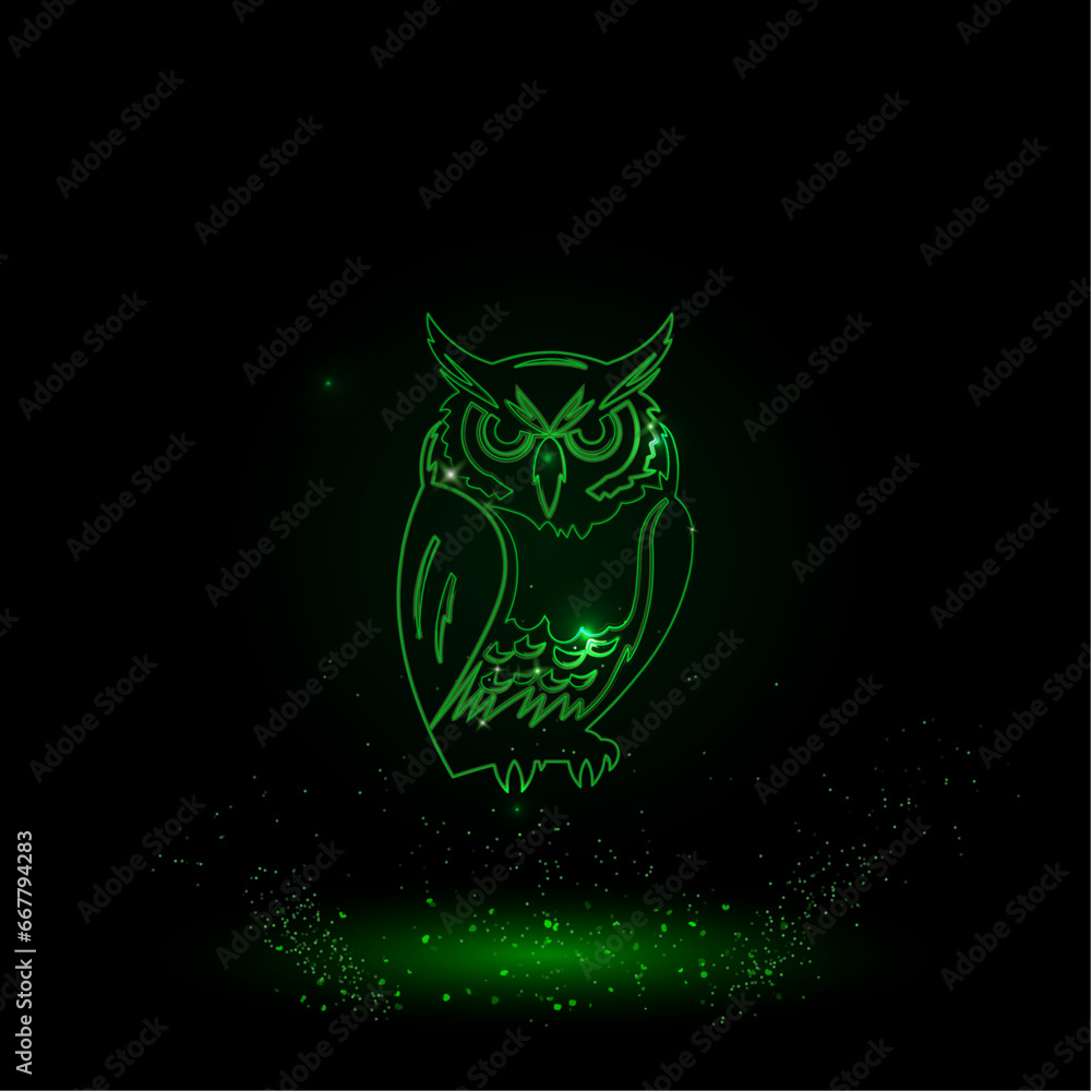 A large green outline owl symbol on the center. Green Neon style. Neon color with shiny stars. Vector illustration on black background A large green outline owl symbol on the center. Green Neon style. Neon color with shiny stars. Vector illustration on black background