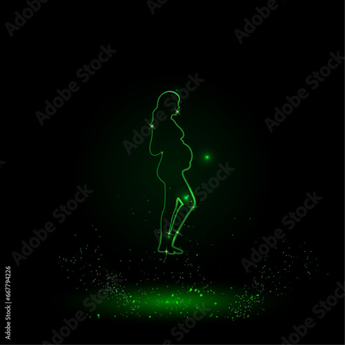 A large green outline pregnant woman symbol on the center. Green Neon style. Neon color with shiny stars. Vector illustration on black background