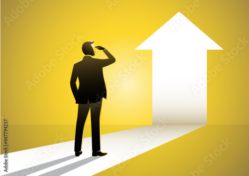 A businessman stands in front of an arrow ahead