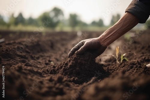 Close-up of Farmer's Hand Manually Working in the Soil. Generative Ai.