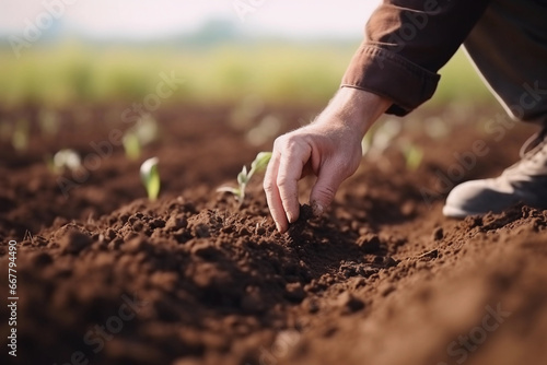 Hand planting pumpkin seed in vegetable garden, close-up. Generative Ai.