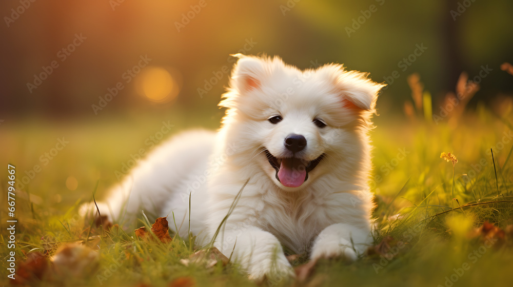 Fluffy White Pup Enjoying the Golden Hour in a Lush Field. Fluffy White Pup Enjoying the Golden Hour in a Lush Field.