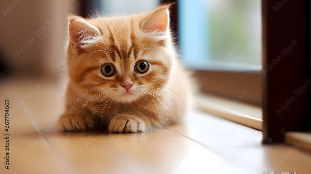 Obraz premium Adorable Ginger Kitten with Big Eyes Lounging on a Bed with Soft Lighting.