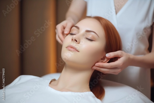 Therapist Performing Head Massage on Woman in Spa Salon. Generative Ai.