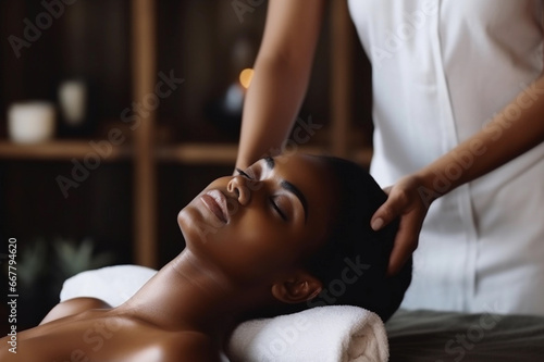 African American Woman receiving a therapeutic massage. Generative Ai.
