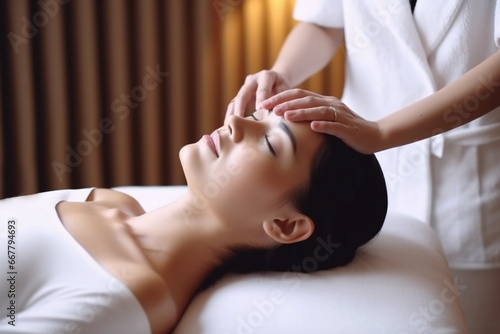 Attractive Asian Woman Receiving Facial Massage in Spa Salon. Generative Ai.