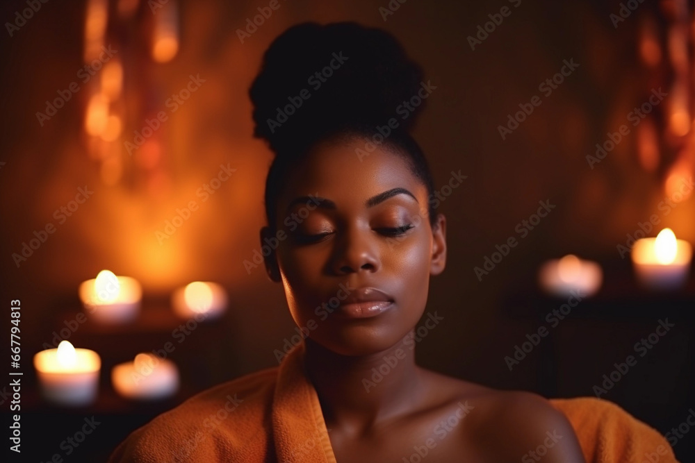 Relaxed African American Woman Receiving Facial Massage. Generative Ai.