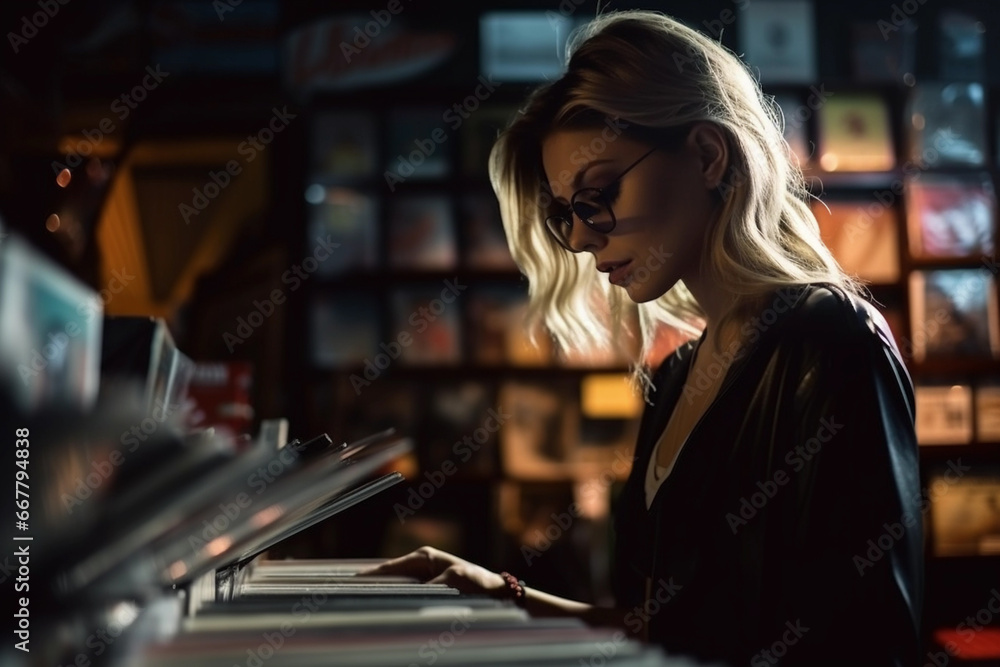 Attractive Young Woman Browsing in Vinyl Record Store. Generative Ai.