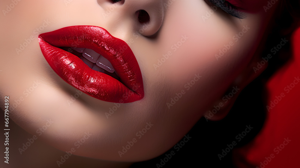 Fototapeta premium Lustrous Red Lips Closeup with Subtle Skin Texture