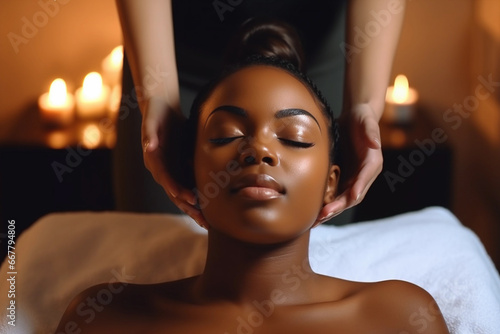 African American Woman Enjoying Head Massage at Spa Salon Generative Ai.