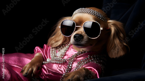 Glamorous dog in a pink outfit with stylish sunglasses and bling accessories.