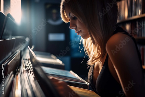Young woman selecting vinyl record in music store. Generative Ai.