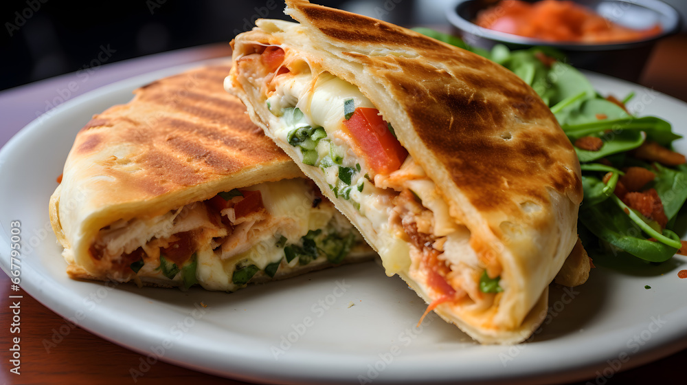 Delicious Stuffed Quesadilla with Fresh Veggies and Melted Cheese.