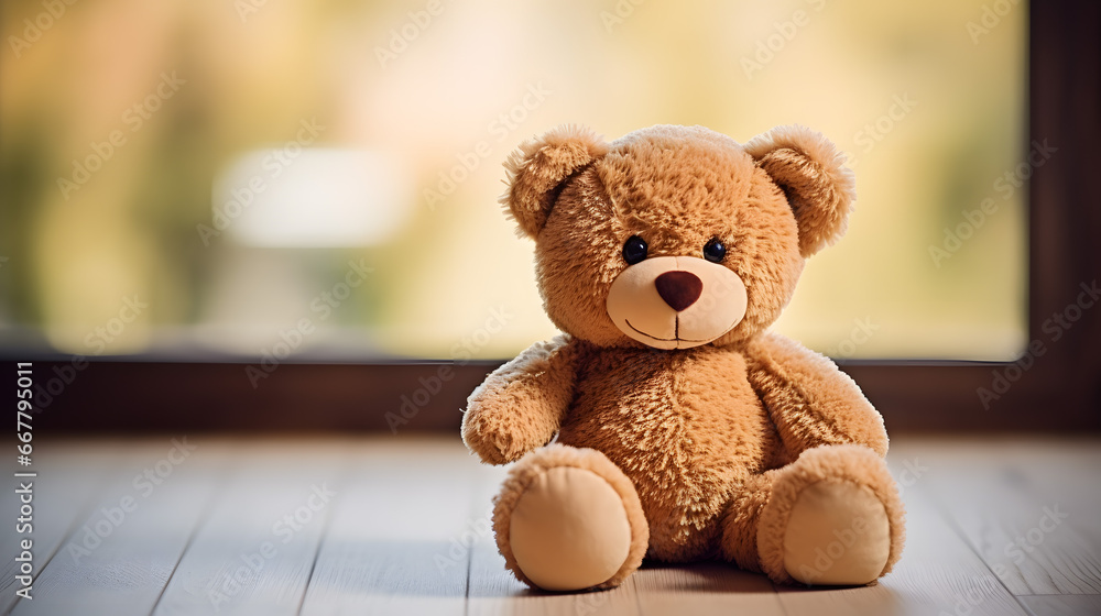 Cute Teddy Bear Sitting by Sunlit Window with Warm Background Cute Teddy Bear Sitting by Sunlit Window with Warm Background